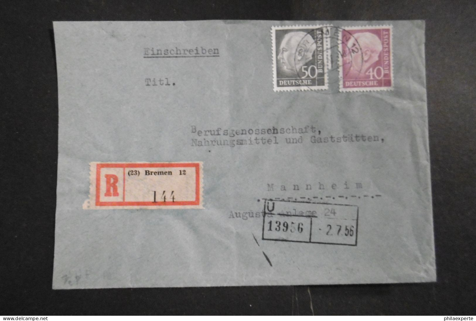 Bund Mi. 188+189 Auf R Brief Bremen 29.6.1956 Nach Mannheim - Storia Postale
