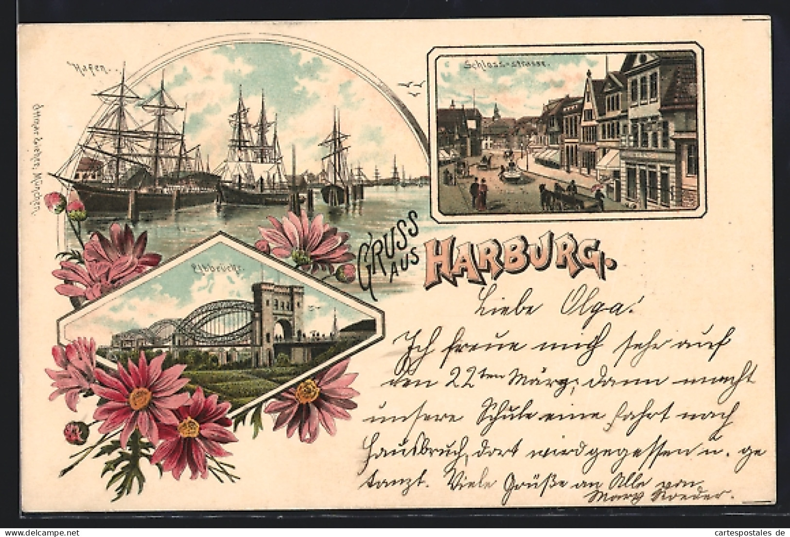 Lithographie Hamburg-Harburg, Elbbrücke, Hafen, Schloss-Strasse  - Harburg