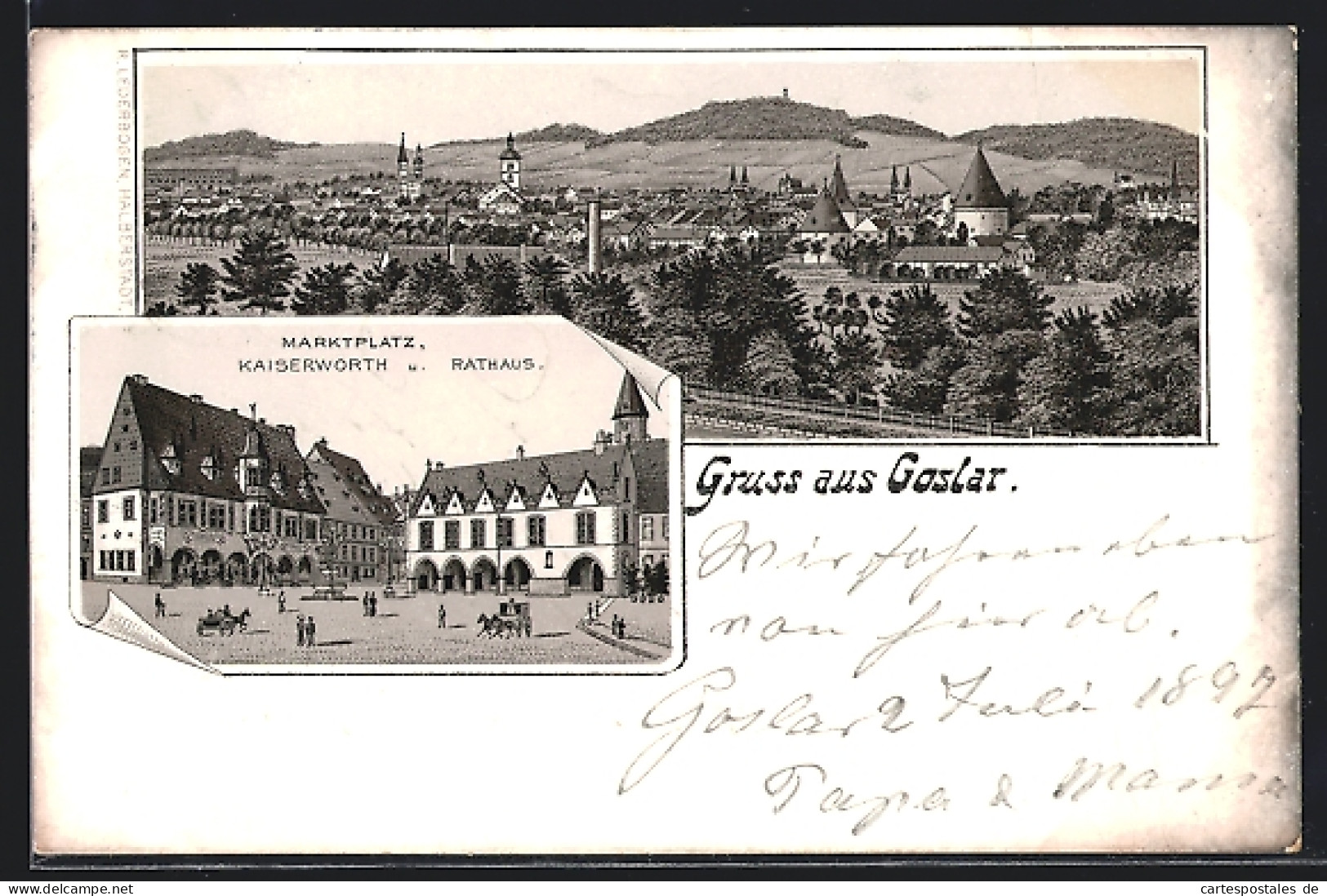 Lithographie Goslar, Blick Zum Ort, Marktplatz, Kaiserwörth U. Rathaus, Pferdewagen  - Goslar