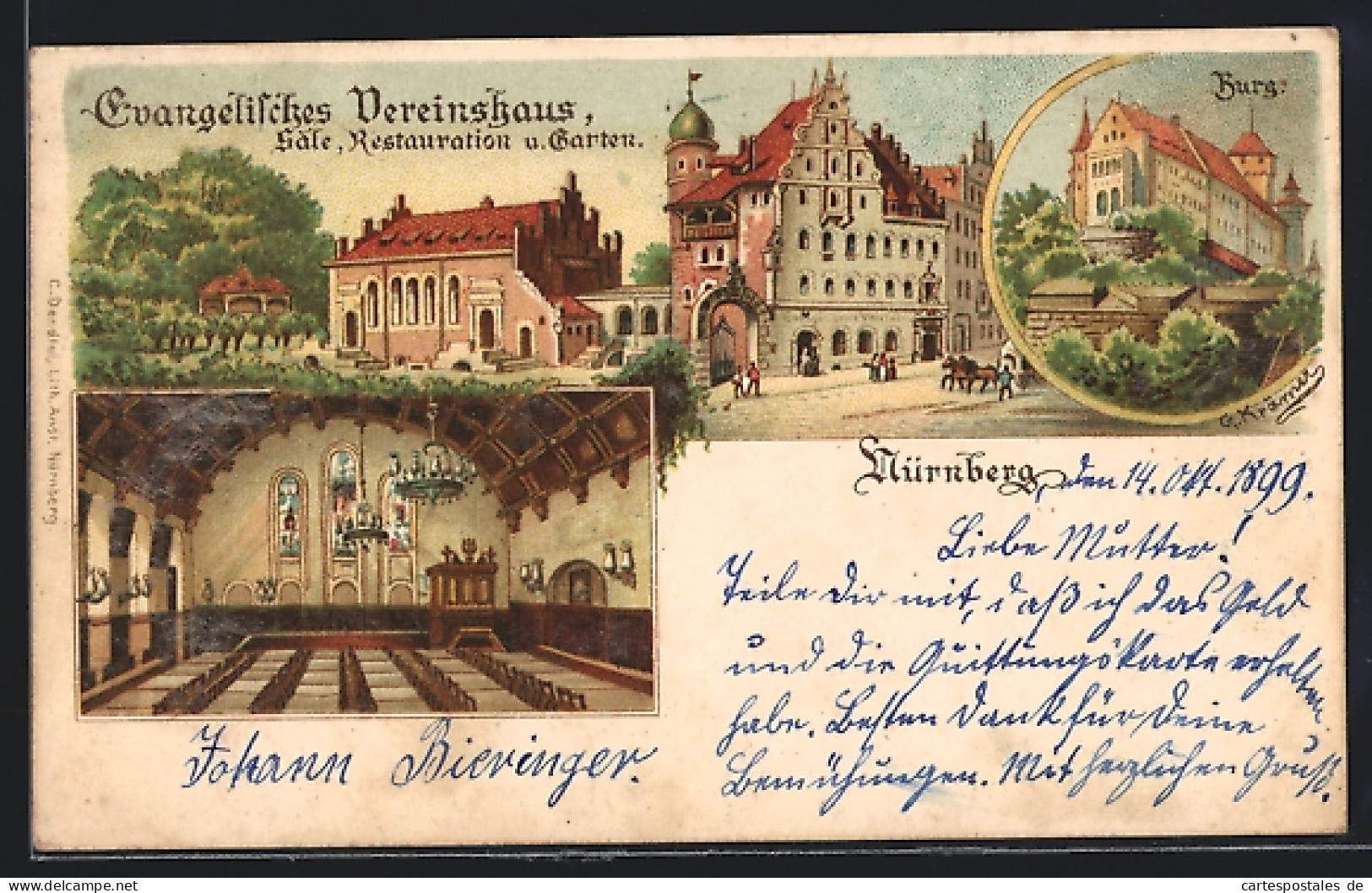 Lithographie Nürnberg, Evangelisches Vereinshaus, Burg  - Nuernberg