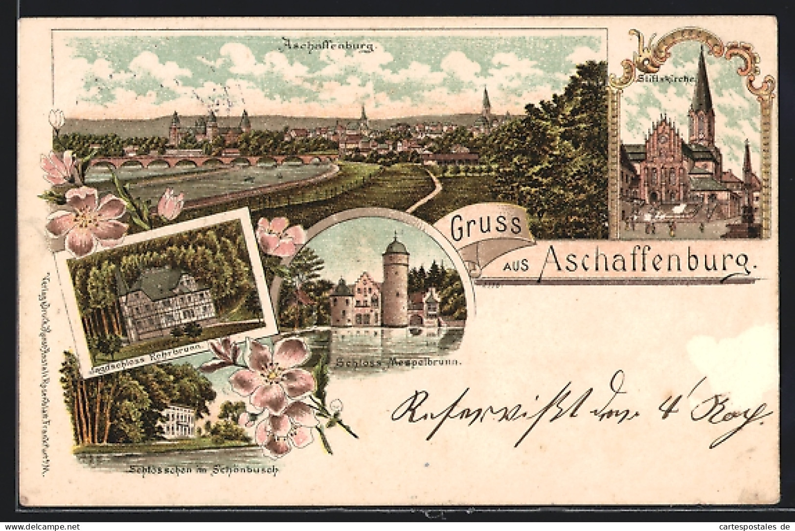 Lithographie Aschaffenburg, Jagdschloss Rohrbrunn, Schloss Mespelbrunn, Schlösschen Im Schönbusch  - Chasse