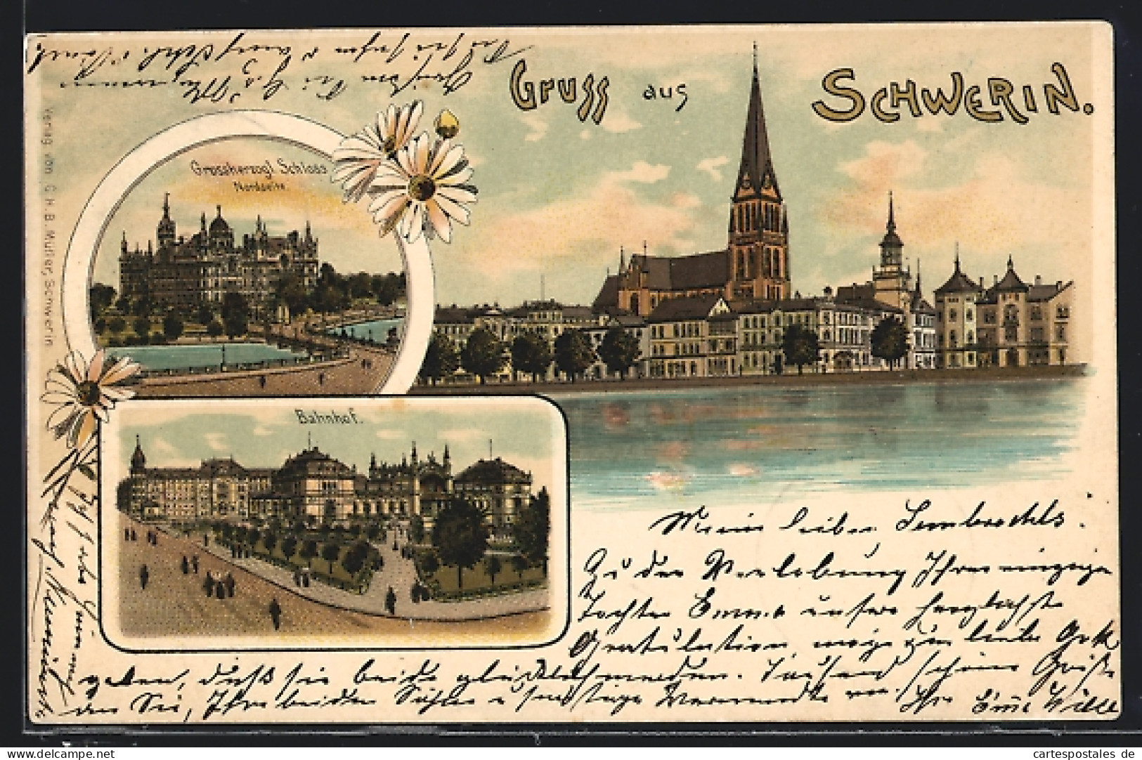 Lithographie Schwerin / Mecklenburg, Bahnhof, Grossherzogl. Schloss, Ortspartie Mit Kirche  - Schwerin
