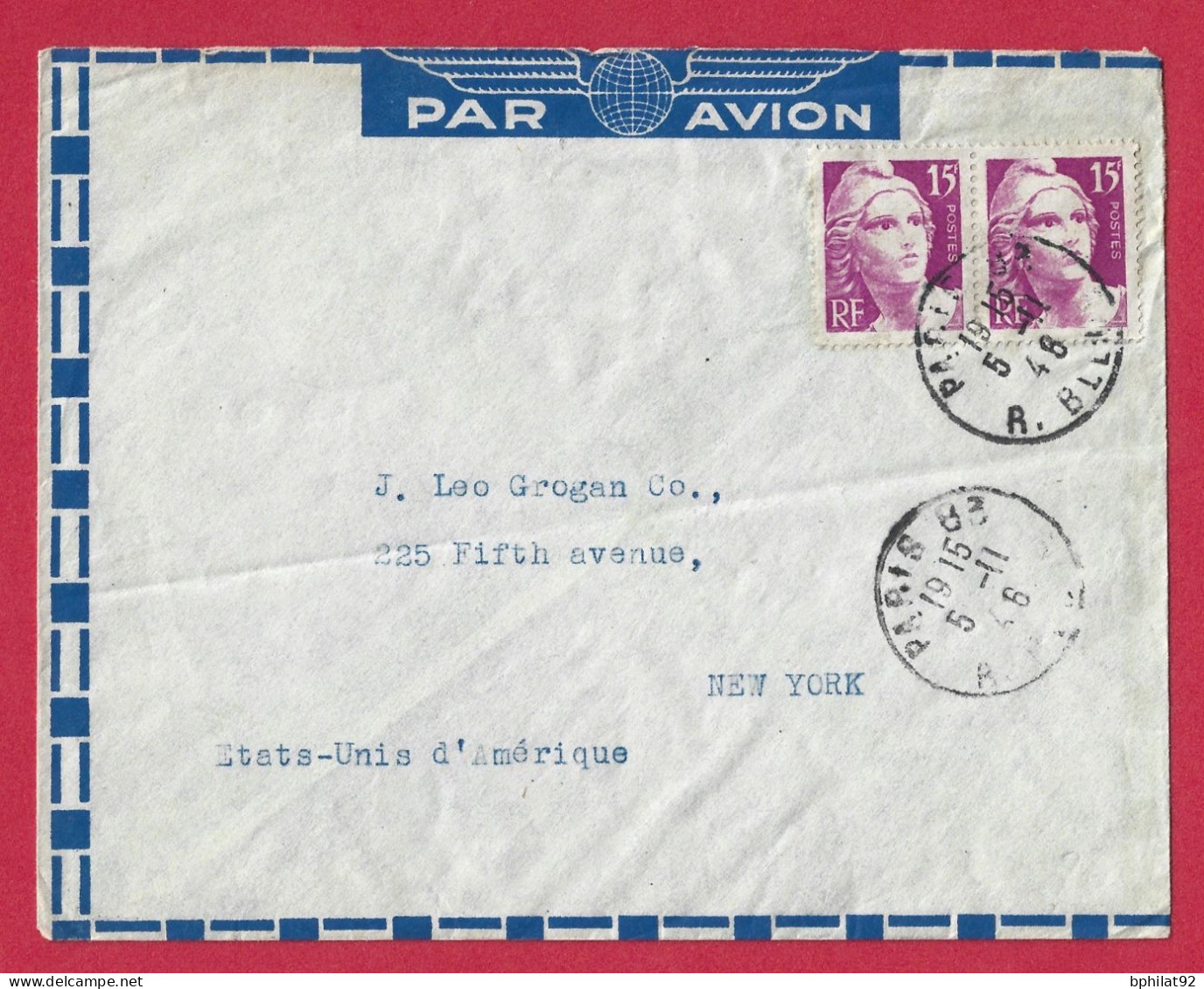 !!! LETTRE PAR AVION DE PARIS POUR NEW-YORK AVEC AFFRANCHISSEMENT PAIRE GANDON 15F DE 1948 - Lettres & Documents