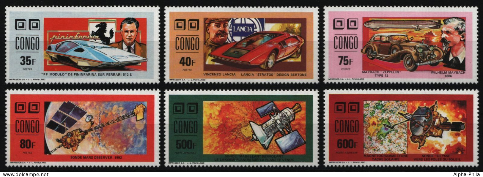 Kongo-Brazzaville 1991 - Mi-Nr. 1274-1279 A ** - MNH - Autos - Weltraum - Ungebraucht