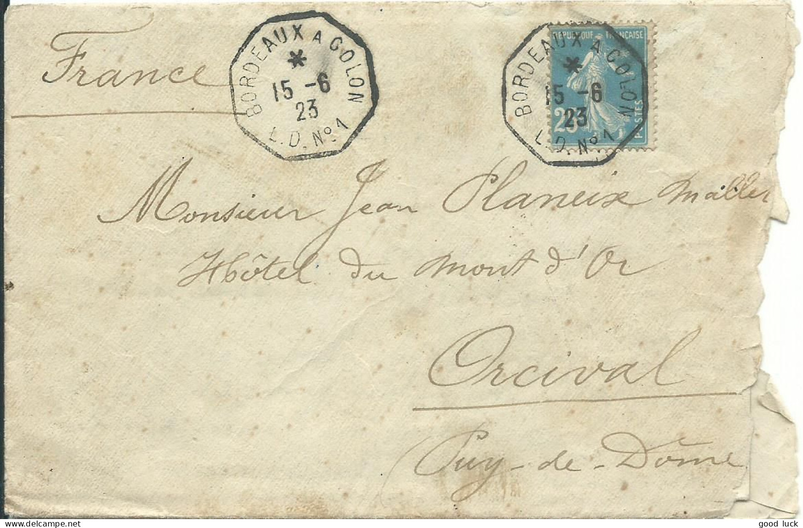 FRANCE LETTRE 25c BORDEAUX A COLON. L.D N°1 MARTINIQUE POUR ORCIVAL ( PUY DE DOME ) DE 1923    LETTRE COVER - Poste Maritime