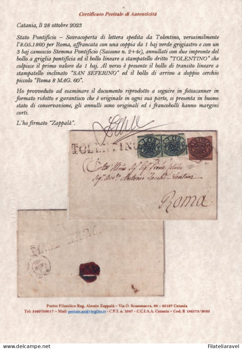 ASI -  1860 - STATO PONTIFICIO - Sovracoperta Di Lettera Spedita Da Tolentino,Catalogo Sassone N. 2+4c - Kerkelijke Staten