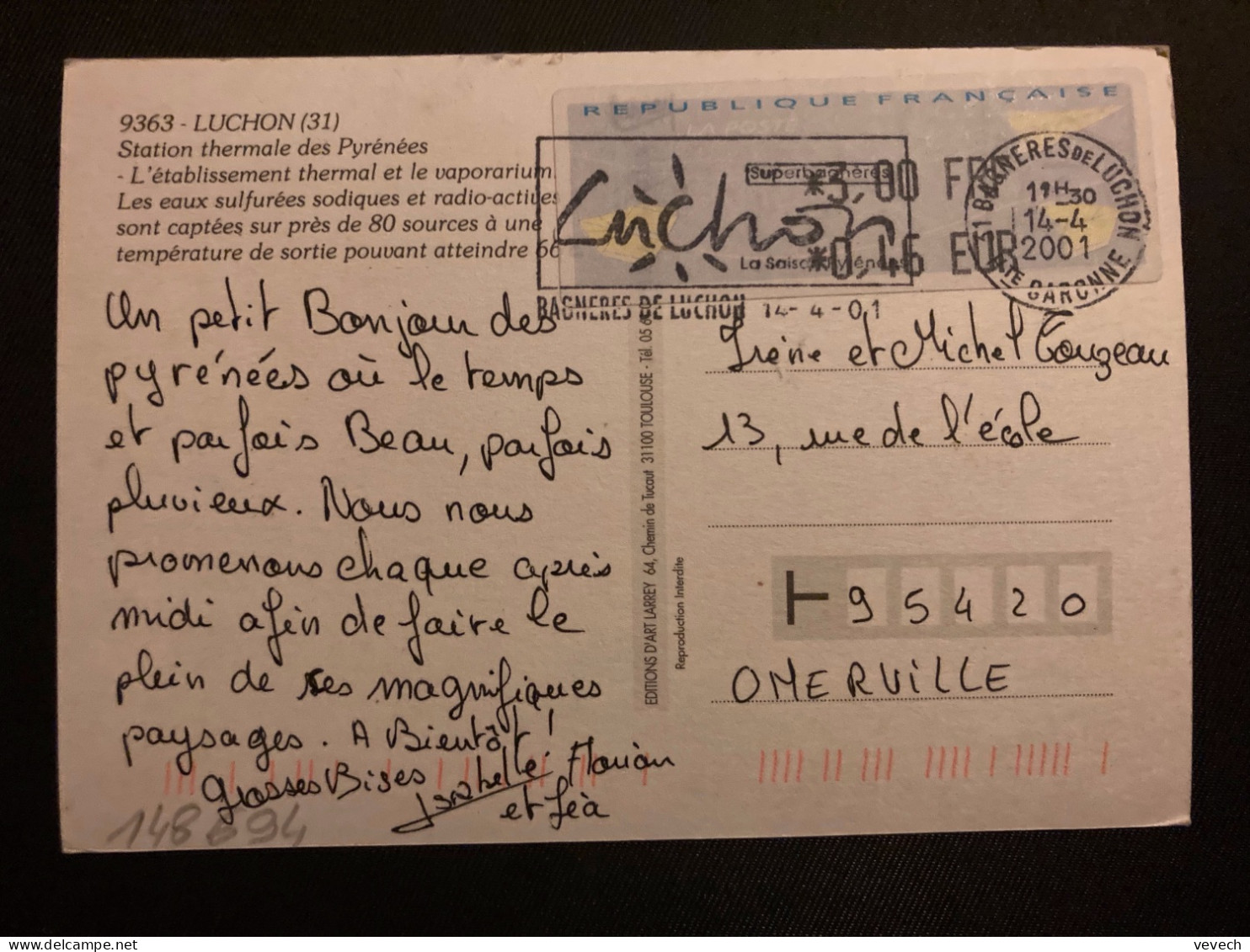 CP VIGNETTE 3,00 FR OBL.MEC.14-4 2001 31 BAGNERES DE LUCHON HTE GARONNE - 1999-2009 Illustrated Franking Labels