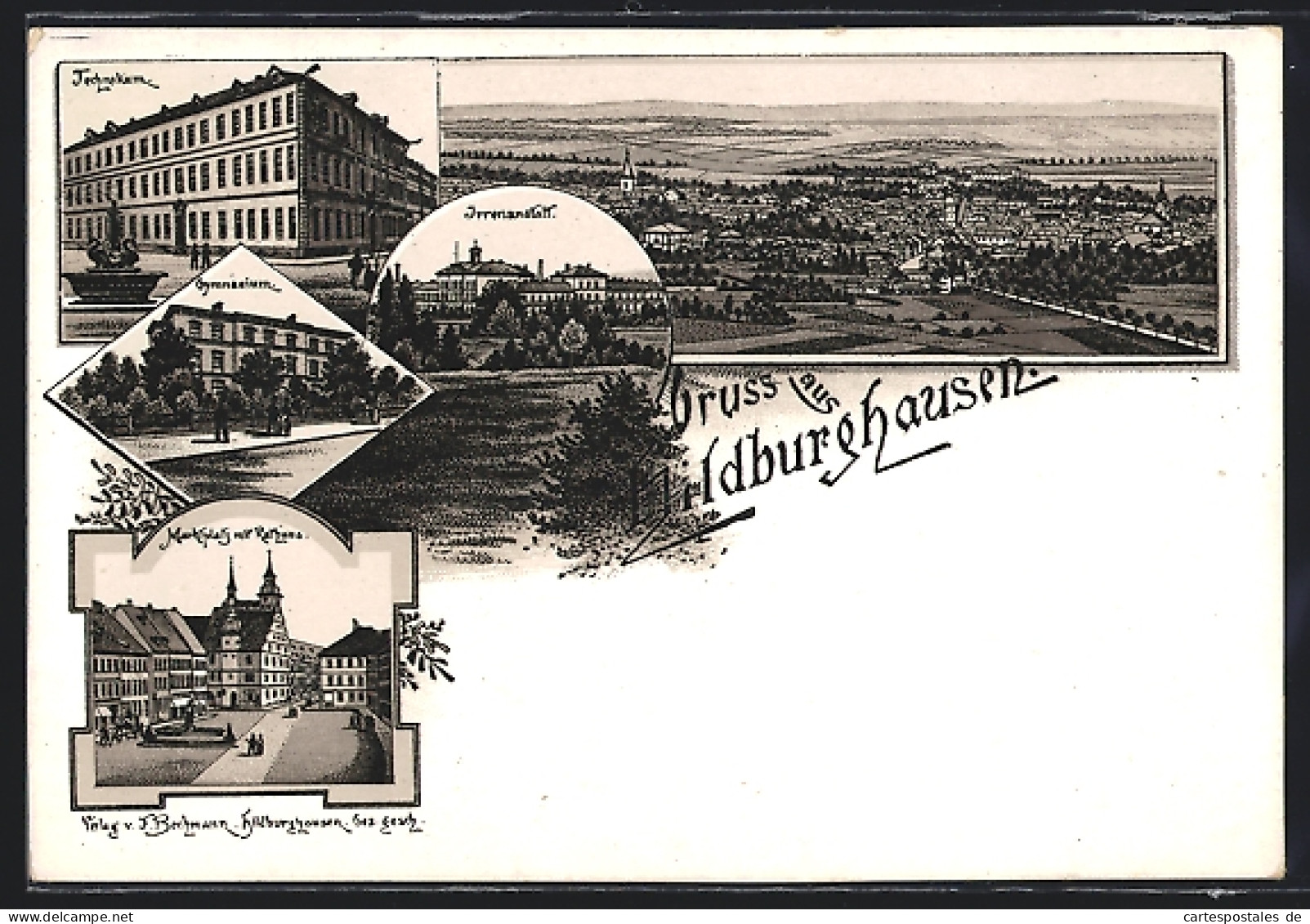 Lithographie Hildburghausen, Technikum, Gymnasium, Irrenanstalt  - Hildburghausen