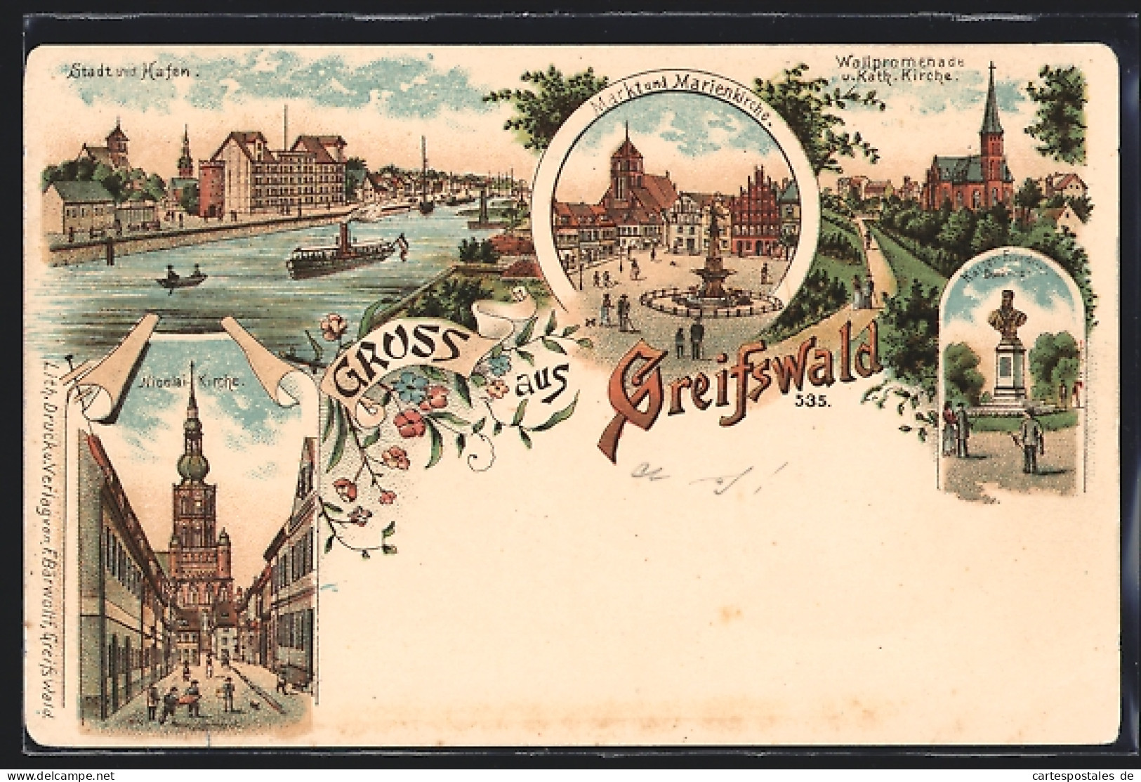 Lithographie Greifswald, Markt U. Marienkirche, Stadt Und Hafen, Nicolai-Kirche  - Greifswald