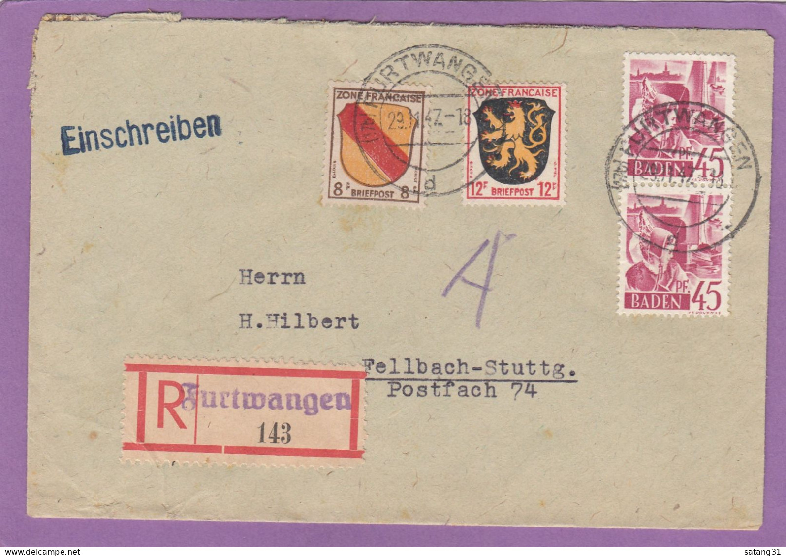 EINGESCHRIEBENER BRIEF AUS FURTWANGEN,MIT NOT RECO. ZETTEL,NACH FELLBACH,1947. - Baden