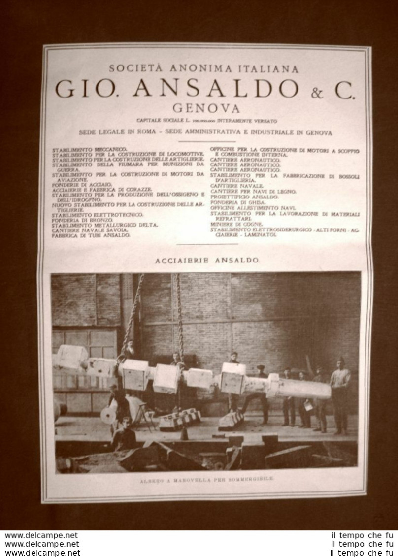 Officine Ansaldo Genova Albero A Manovella Per Sommergibile Pubblicità Del 1918 - Sonstige & Ohne Zuordnung