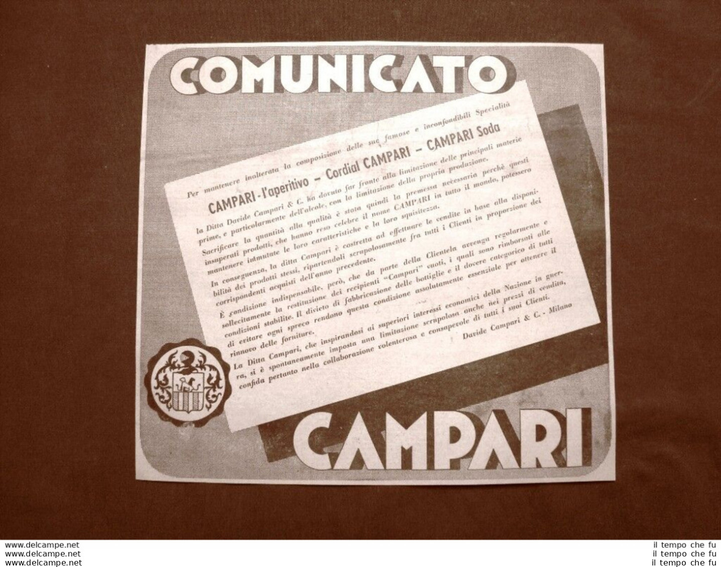 Pubblicità D'epoca Del 1940 Campari Comunicato Per Inalterata Composizione - Andere & Zonder Classificatie
