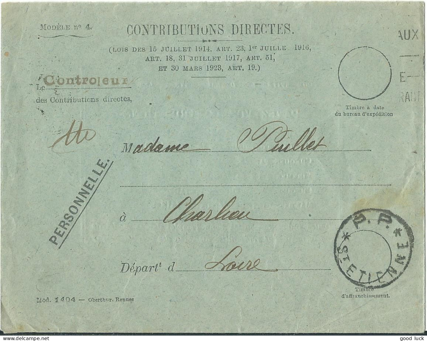 FRANCE CONTRIBUTIONS Cachet EVIDE P.P. ST ETIENNE ( LOIRE ) POUR CHARLIEU DE 1926 LETTRE COVER - Lettere In Franchigia Civile
