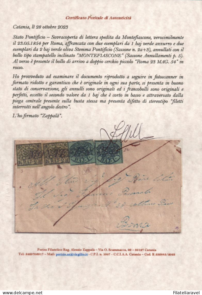 ASI -  1854 - STATO PONTIFICIO - Sovracoperta Di Lettera Spedita Da Montefiascone.Catalogo Sassone N. 2a+3 - Kerkelijke Staten