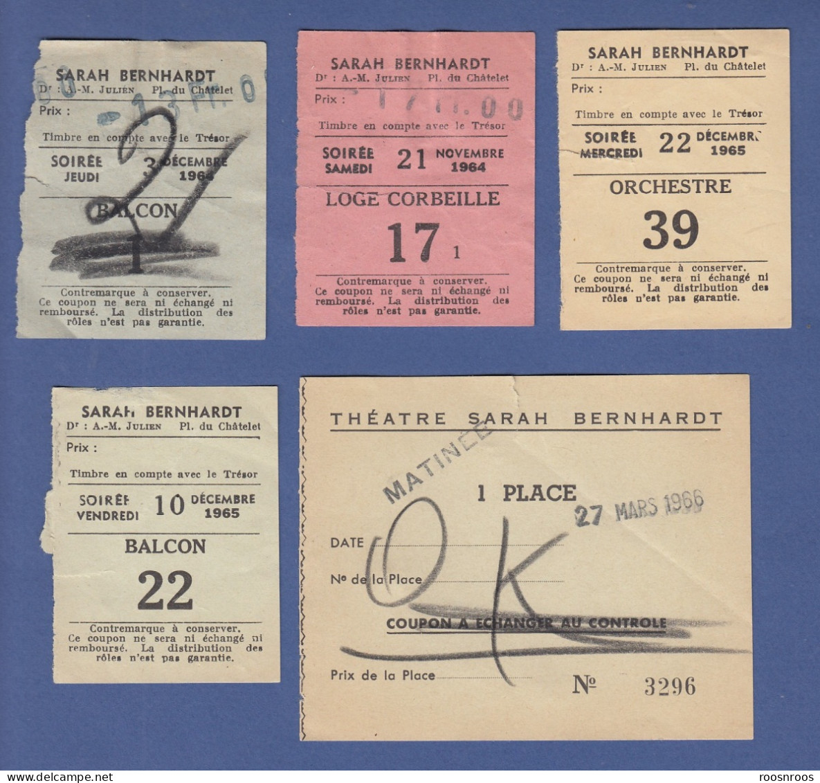 LOT TICKETS D'ENTREE - THEATRE SARAH BERNHARDT- ANNEES 60 - Eintrittskarten