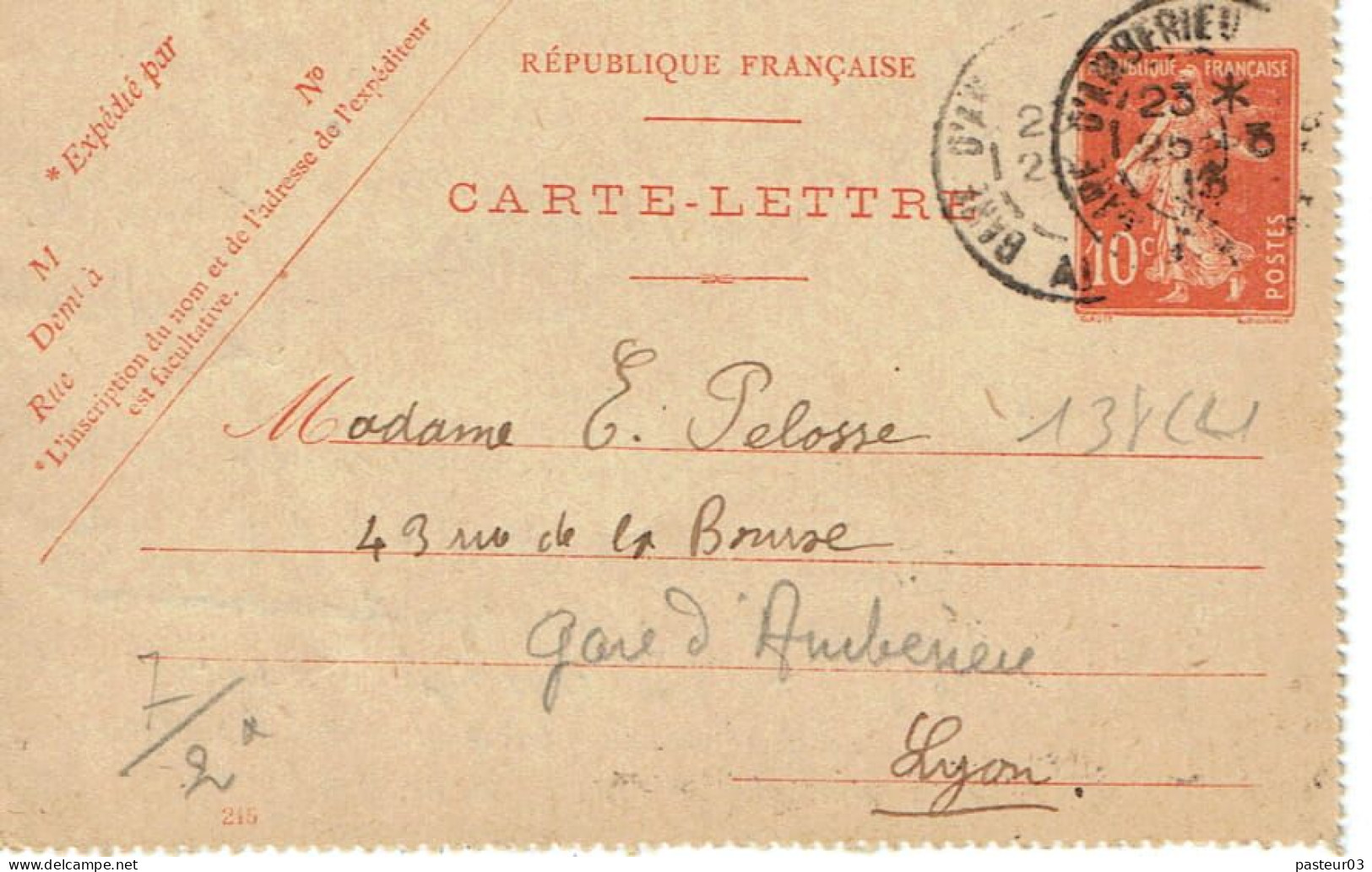 138 CL1 Semeuse Camée 10 C. Rouge Gare D'Ambérieux - Standard Covers & Stamped On Demand (before 1995)