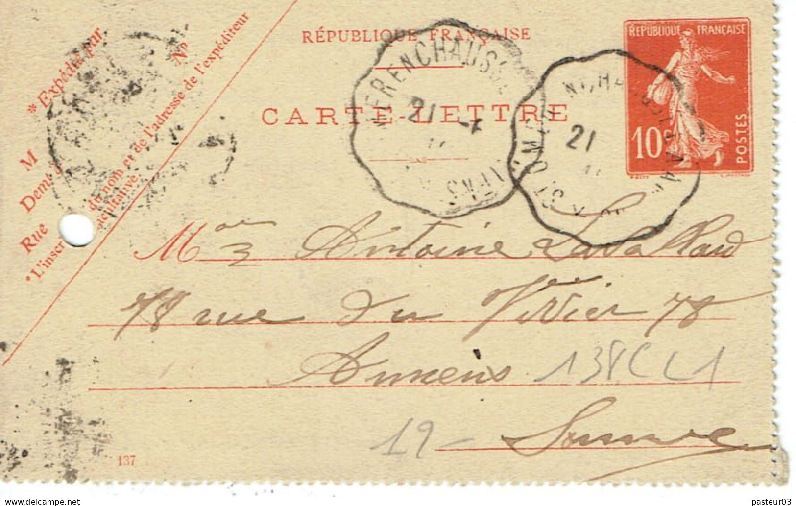 138 CL1 Semeuse Camée 10 C. Rouge Ambulant Saint Omer - Letter Cards