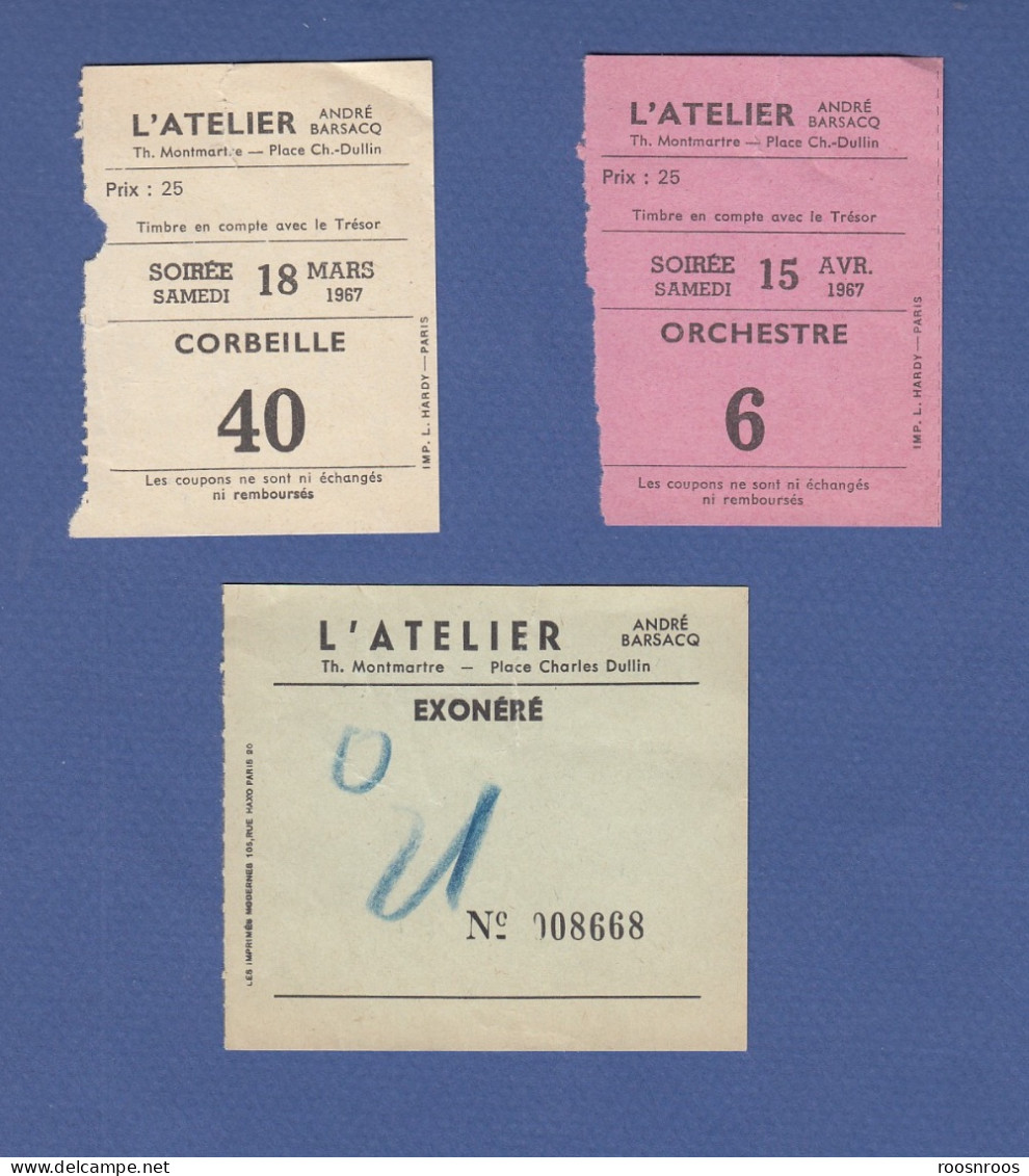 LOT TICKETS D'ENTREE - THEATRE L'ATELIER - MONTMARTRE - ANDRE BARSACQ - ANNEE 60 - Toegangskaarten