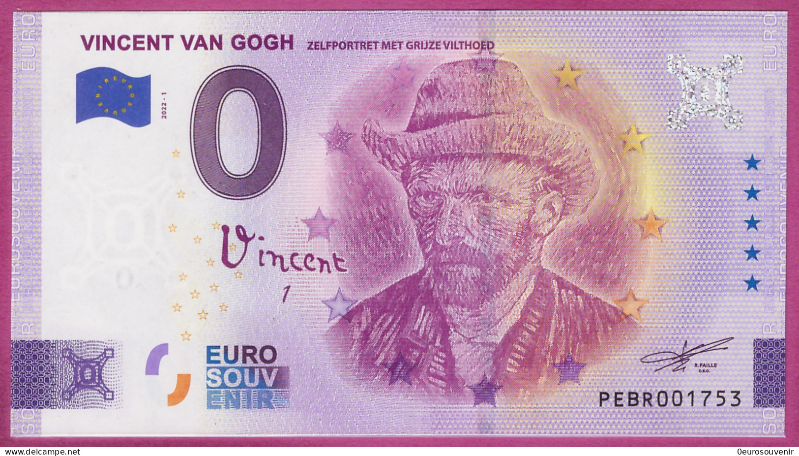 0-Euro PEBR 2022-1 VINCENT VAN GOGH - ZELFPORTRET MET GRUZE VILTHOED - Private Proofs / Unofficial