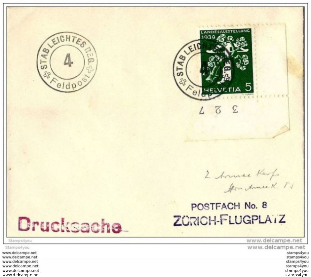 208 - 8 - Petite Enveloppe Avec Timbre Suisse Et Cachet Militaire  Stab Leichtes Reg Feldpost 4 - Dokumente
