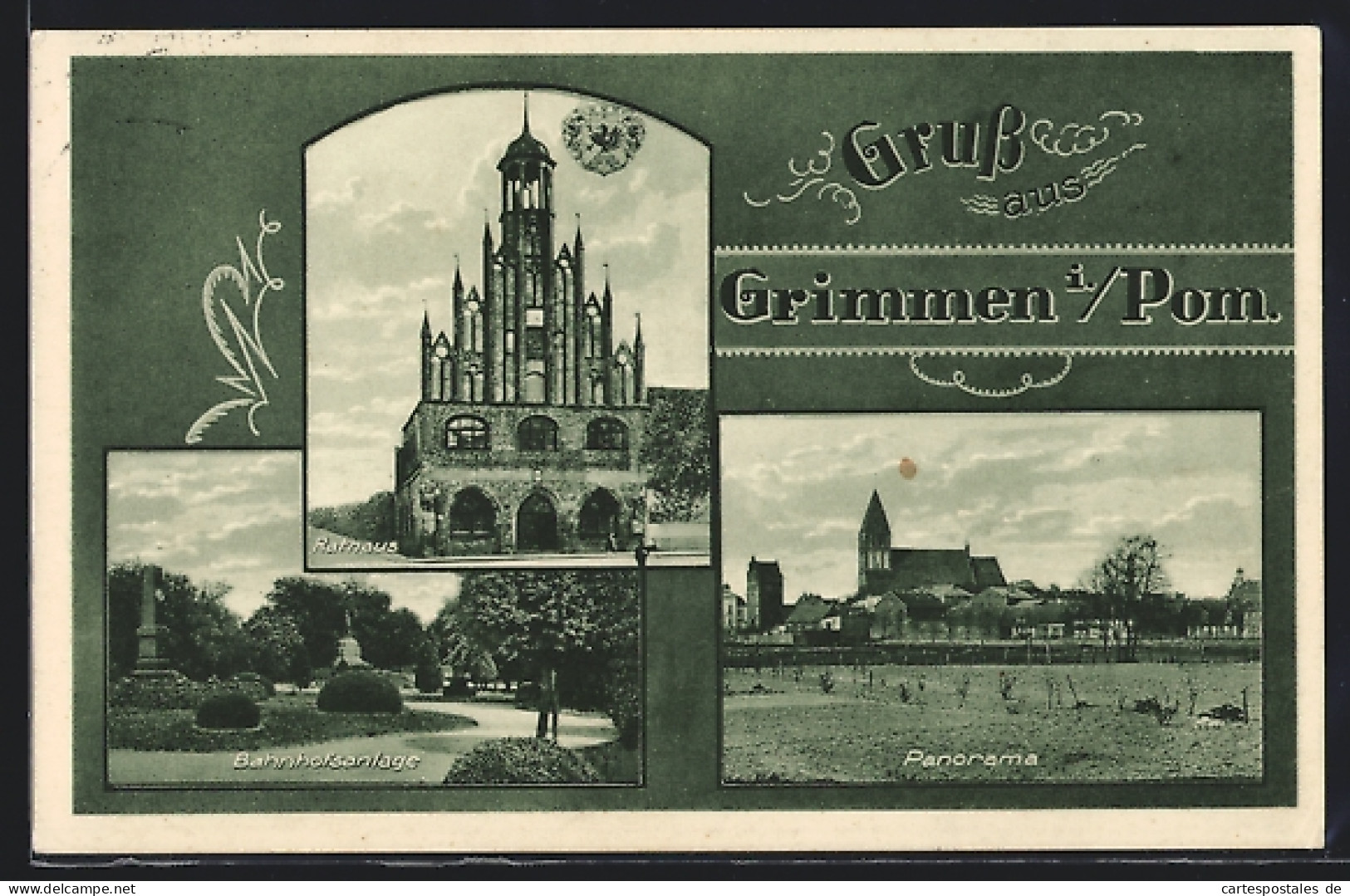 AK Grimmen I. Pom., Bahnhofsanlage, Rathaus, Panorama, Wappen  - Grimmen