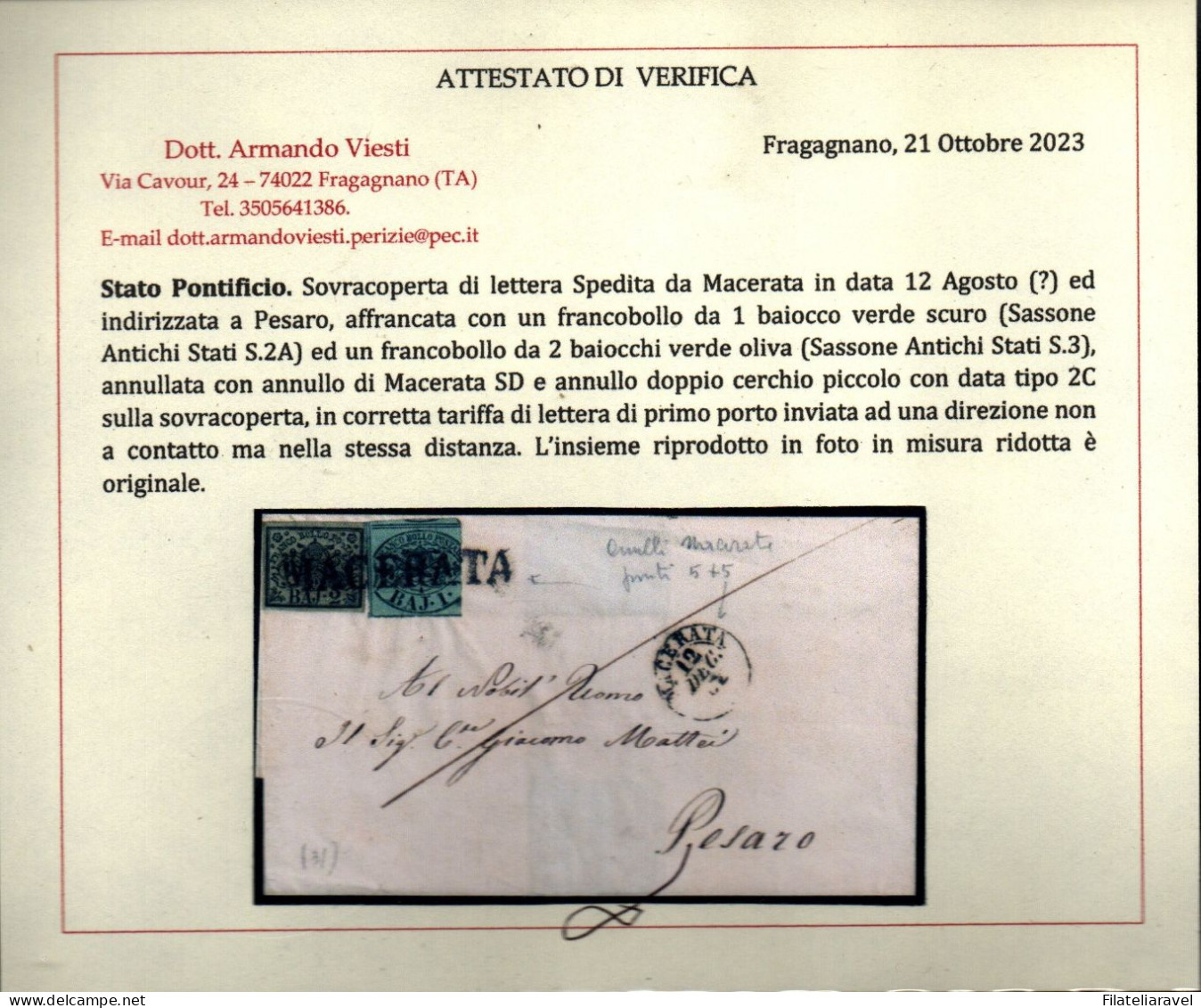 ASI -  1852 - STATO PONTIFICIO - Sovracoperta Di Lettera Spedita Da Macerata. Catalogo Sassone N. 2A+3 - Papal States