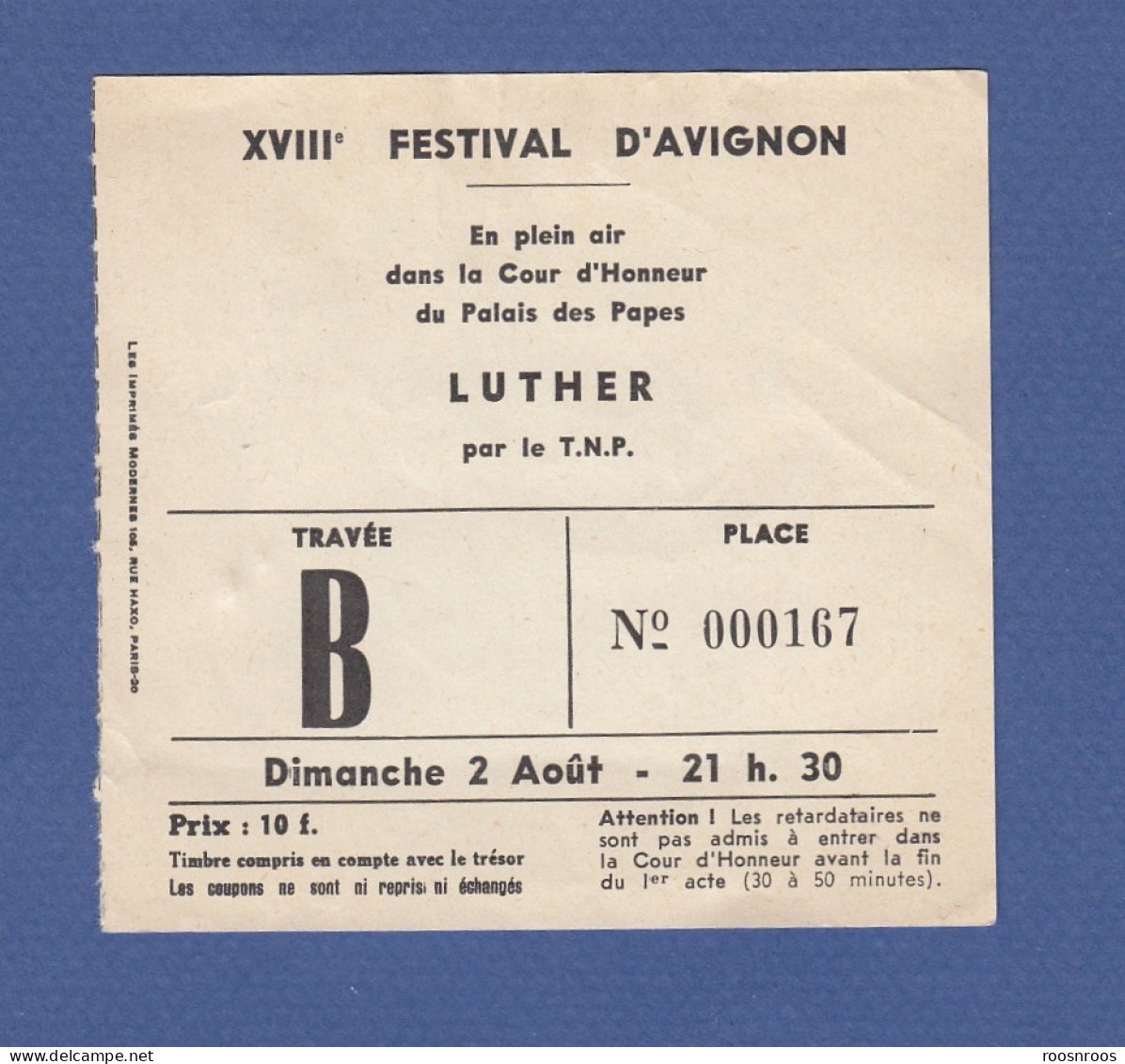 TICKET D'ENTREE - 18EME FESTIVAL D'AVIGNON  - LUTHER - 1964 - TNP - Tickets D'entrée