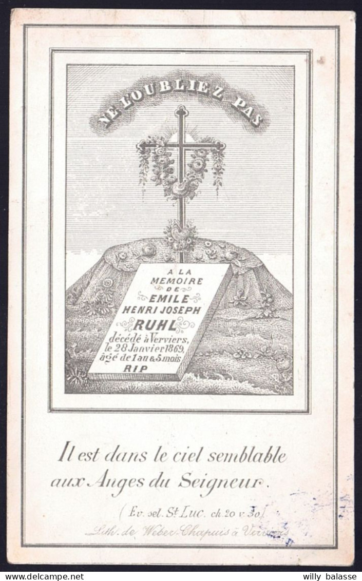 +++ Image Pieuse - CARTE PORCELAINE - Porseleinen Kaart - Faire Part Décès - E. RUHL - VERVIERS 1868 - 1869 // - Cartes Porcelaine