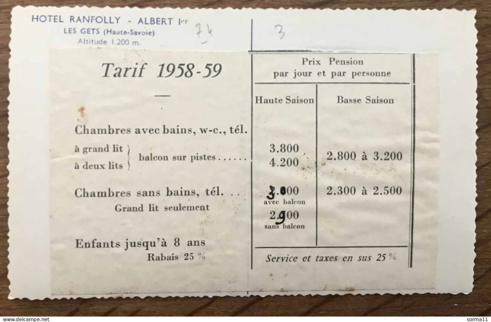 CPSM LES GETS 74 Hôtel Ranfolly Albert 1er, Tarif 1958-59 - Les Gets