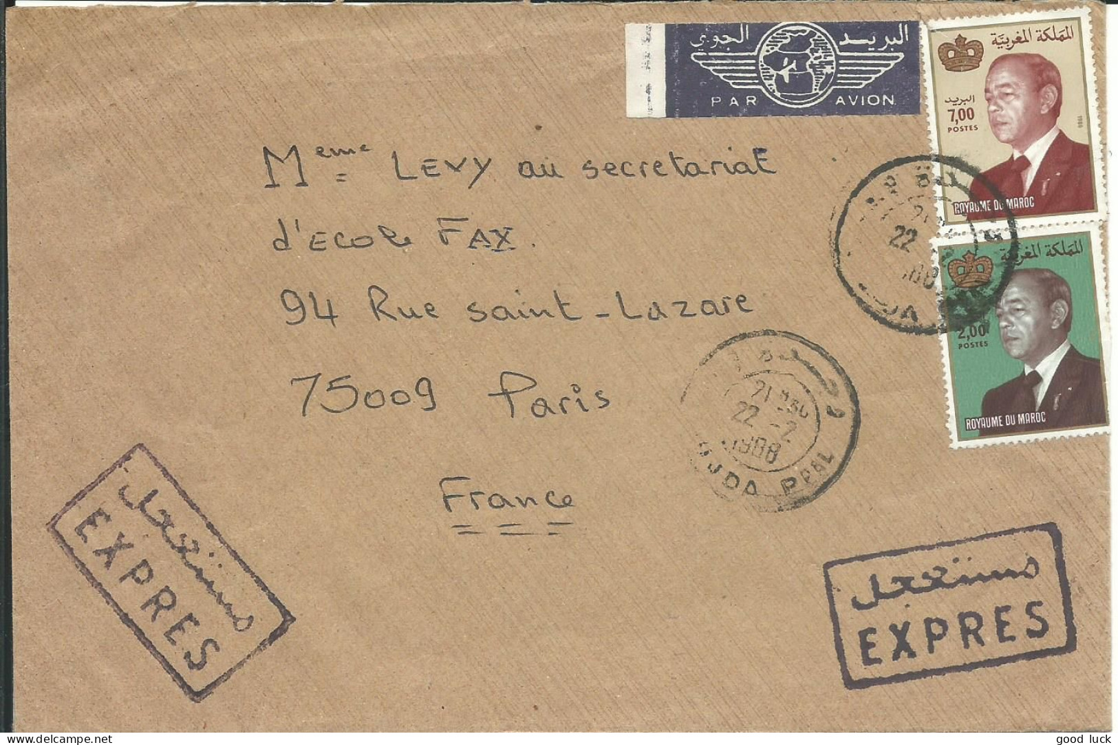 MAROC LETTRE EXPRES PAR AVION 9 D POUR PARIS DE 1988  LETTRE COVER - Marruecos (1956-...)