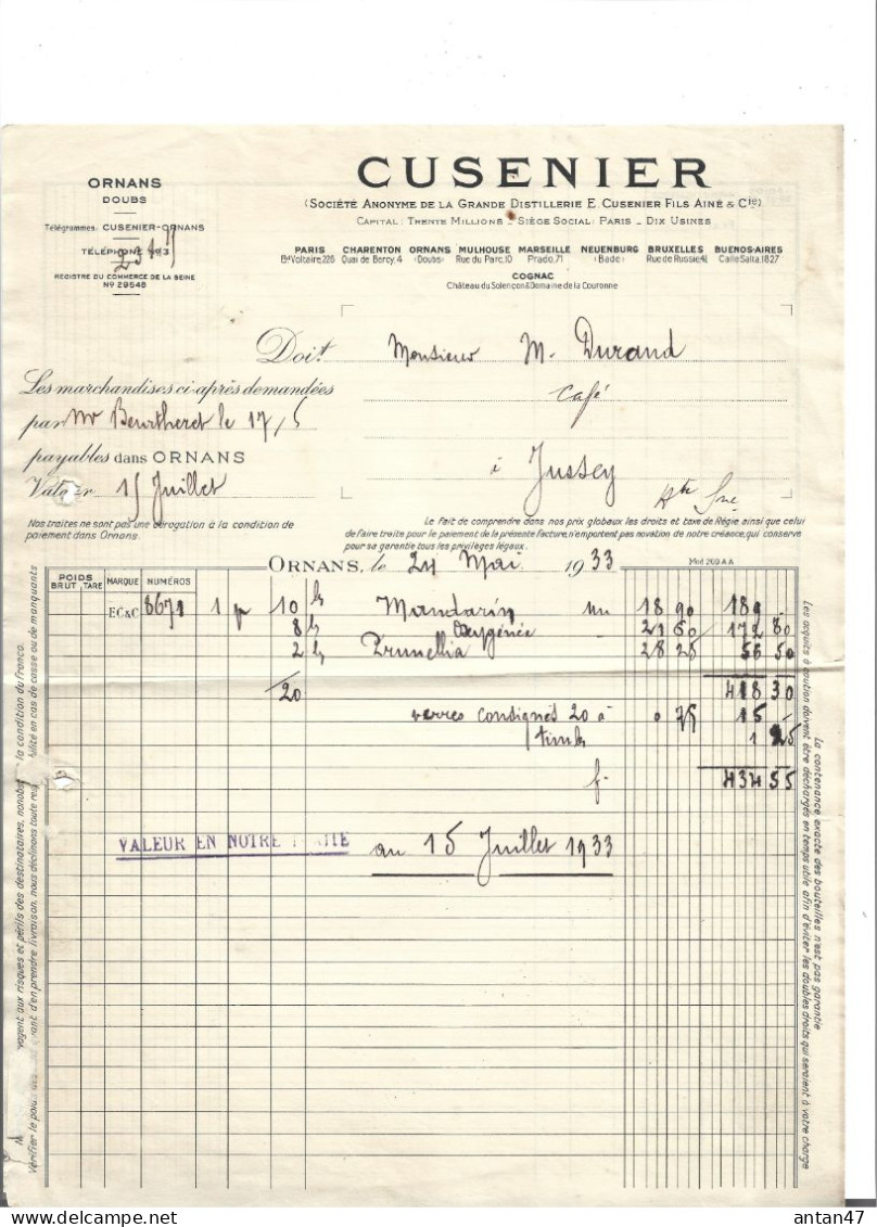3 Factures 1911-33 / 25 ORNANS / PARIS COGNAC MARSEILLE / Distillerie CUSENIER / Oxygénée, Apéritifs Cognacs - 1900 – 1949