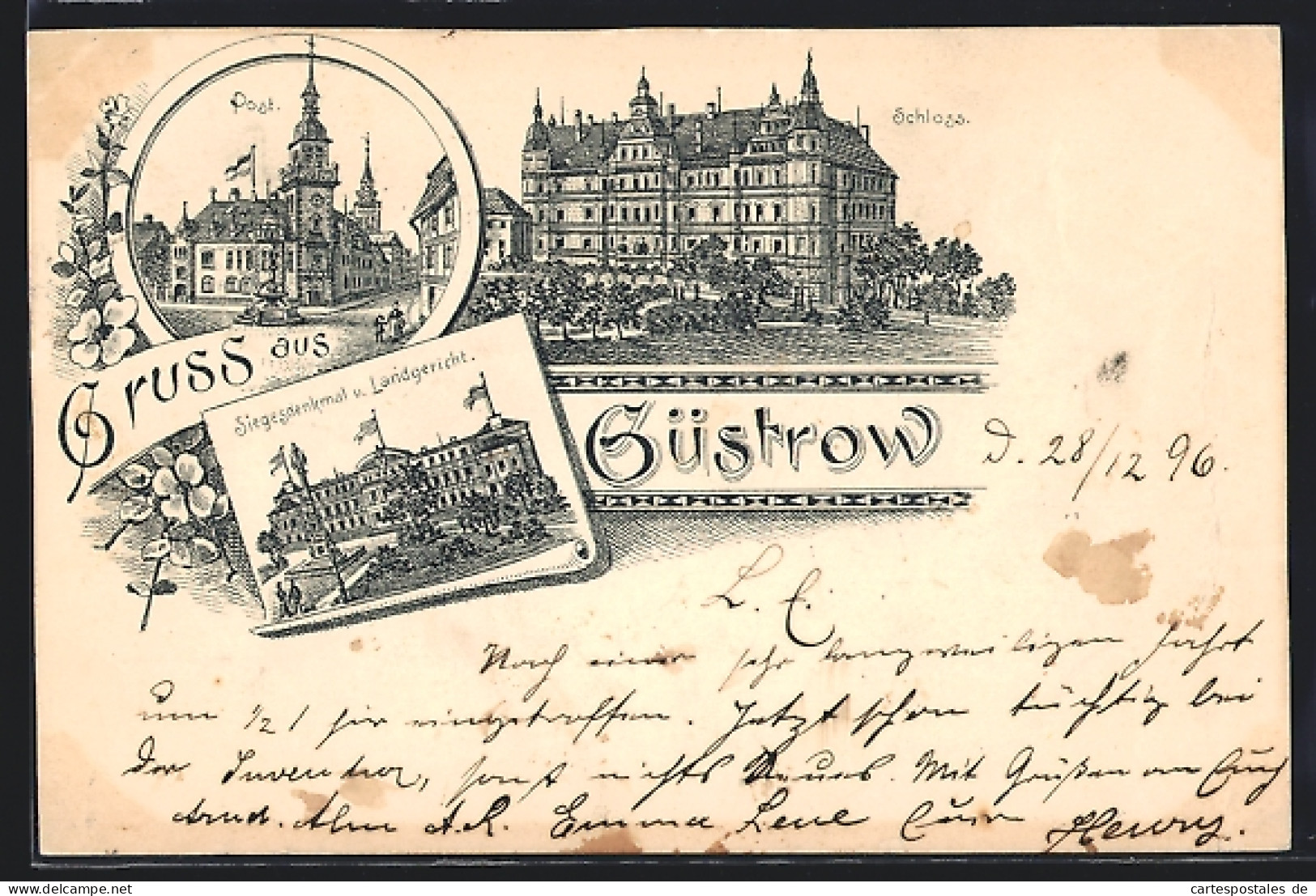 Lithographie Güstrow, Post, Schloss, Siegesdenkmal Und Landgericht  - Guestrow