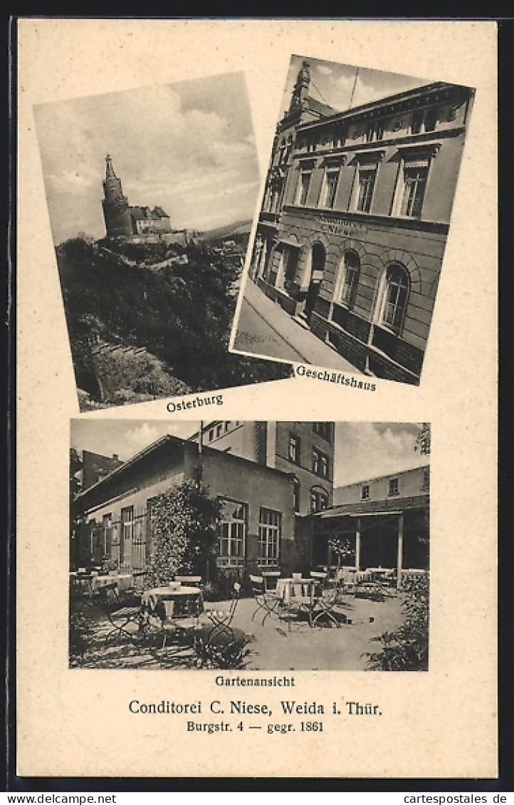 AK Weida I. Thür., Café-Conditorei C. Niese, Burgstrasse 4, Osterburg, Geschäftshaus  - Weida