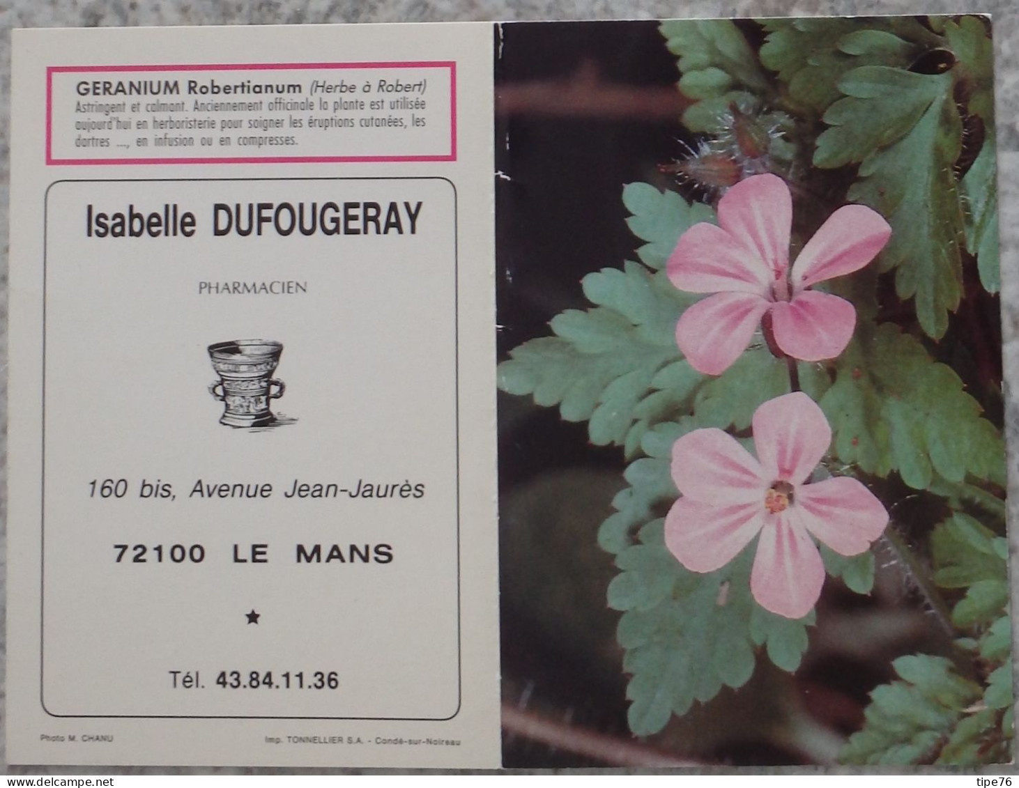 Petit Calendrier Poche 1994 Fleur Géranium Pharmacie Avenue Jean Jaures Le Mans Sarthe - Small : 1991-00