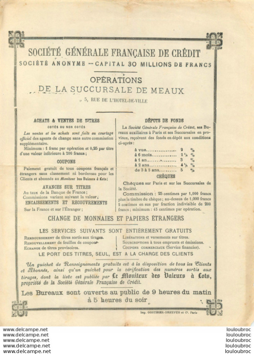 MEAUX SOCIETE GENERALE FRANCAISE DE CREDIT 5 RUE DE L'HOTEL DE VILLE - 1900 – 1949