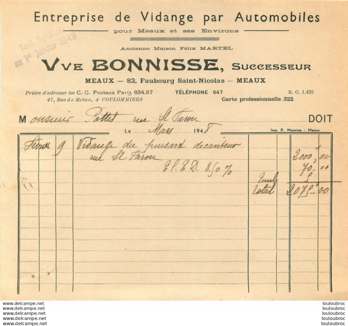 MEAUX ETS VVE BONNISSE VIDANGE AUTOMOBILE 82 FAUBOURG SAINT NICOLAS 1948 - 1900 – 1949