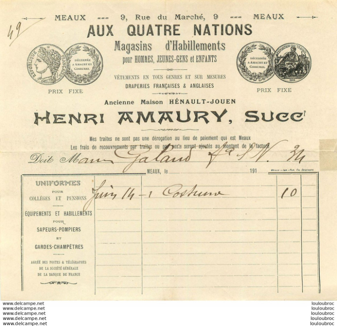 MEAUX  AUX QUATRE NATIONS HENRI AMAURY 9 RUE DU MARCHE 1934 - 1900 – 1949