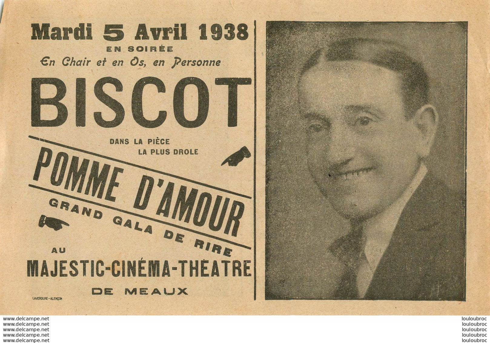 MEAUX MAJESTIC AFFICHE  24 X 16 CM CINEMA THEATRE 05 AVRIL 1938 BISCOT DANS POMME D'AMOUR - Affiches
