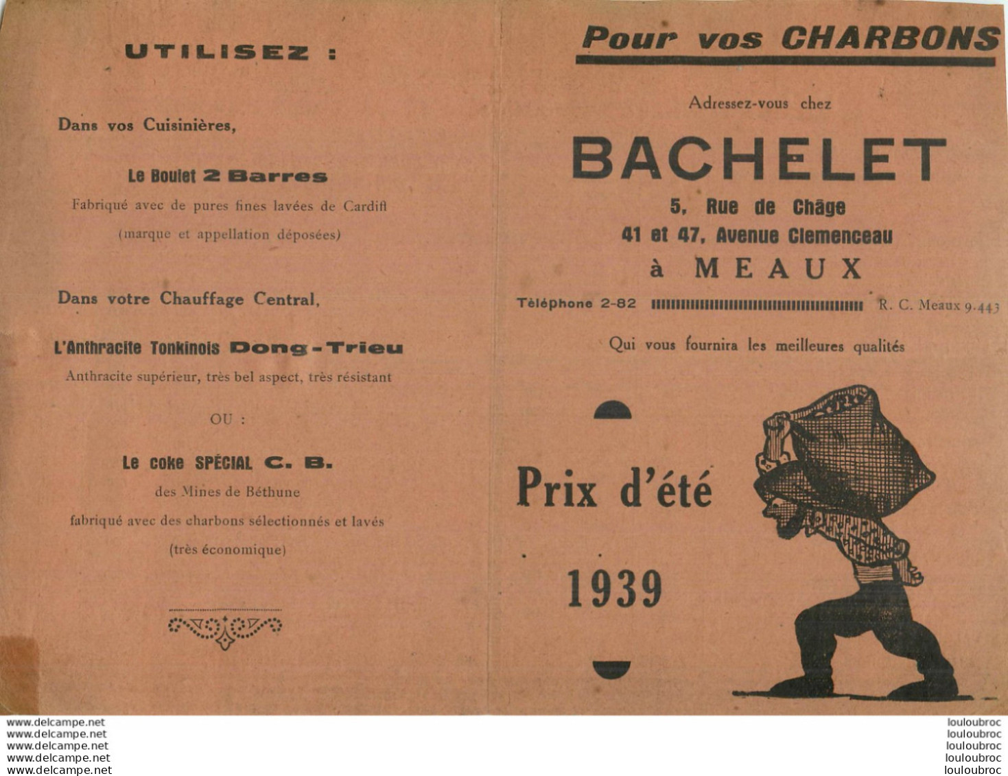 MEAUX ETS BACHELET CHARBONS 5 RUE DE CHAAGE ET 41 AV CLEMENCEAU  TARIF 1939 - 1900 – 1949