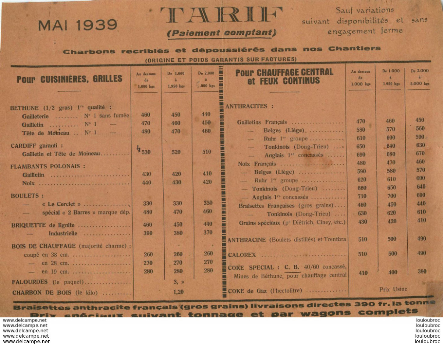 MEAUX ETS BACHELET CHARBONS 5 RUE DE CHAAGE ET 41 AV CLEMENCEAU  TARIF 1939 - 1900 – 1949