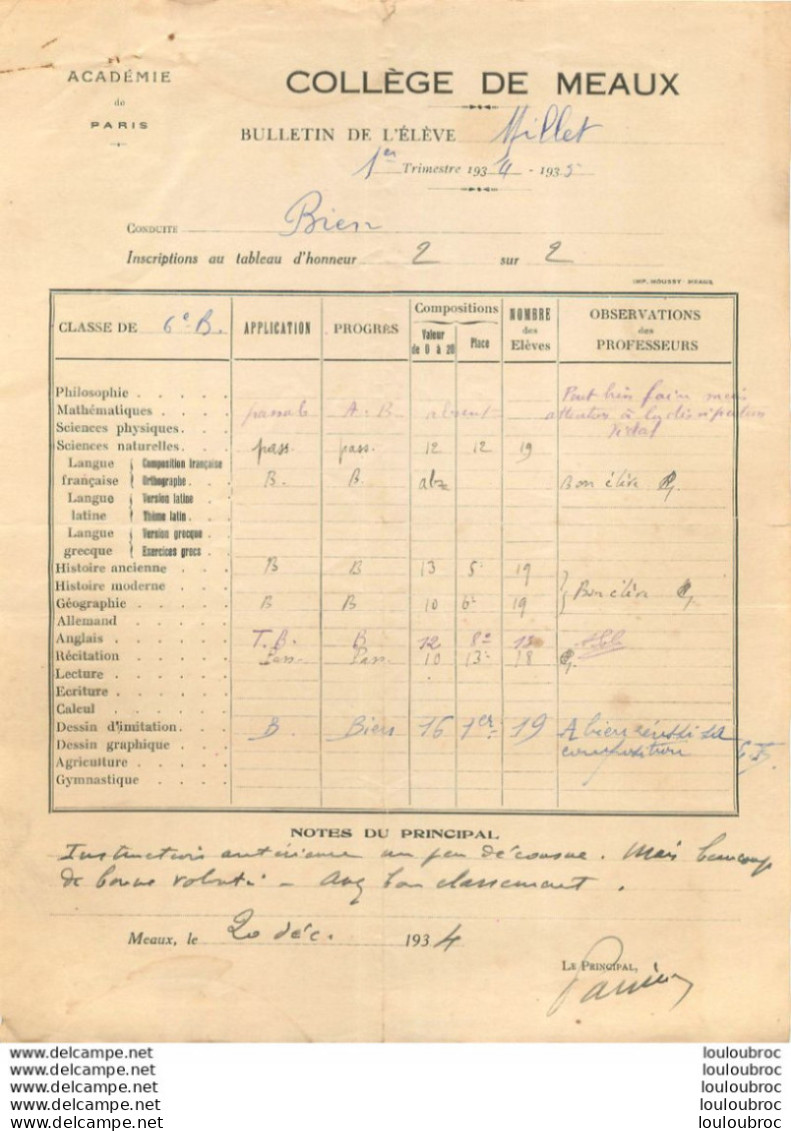 COLLEGE DE MEAUX BULLETIN ELEVE MILLET 1934 - Diploma & School Reports