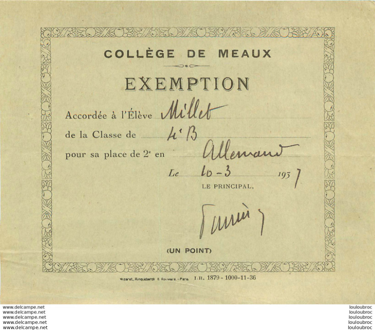 COLLEGE DE MEAUX EXEMPTION ELEVE  MILLET 1937 - Diplomas Y Calificaciones Escolares