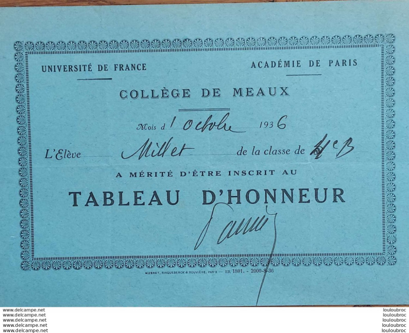 COLLEGE DE MEAUX TABLEAU D'HONNEUR  ELEVE MILLET 1936 - Diplomas Y Calificaciones Escolares