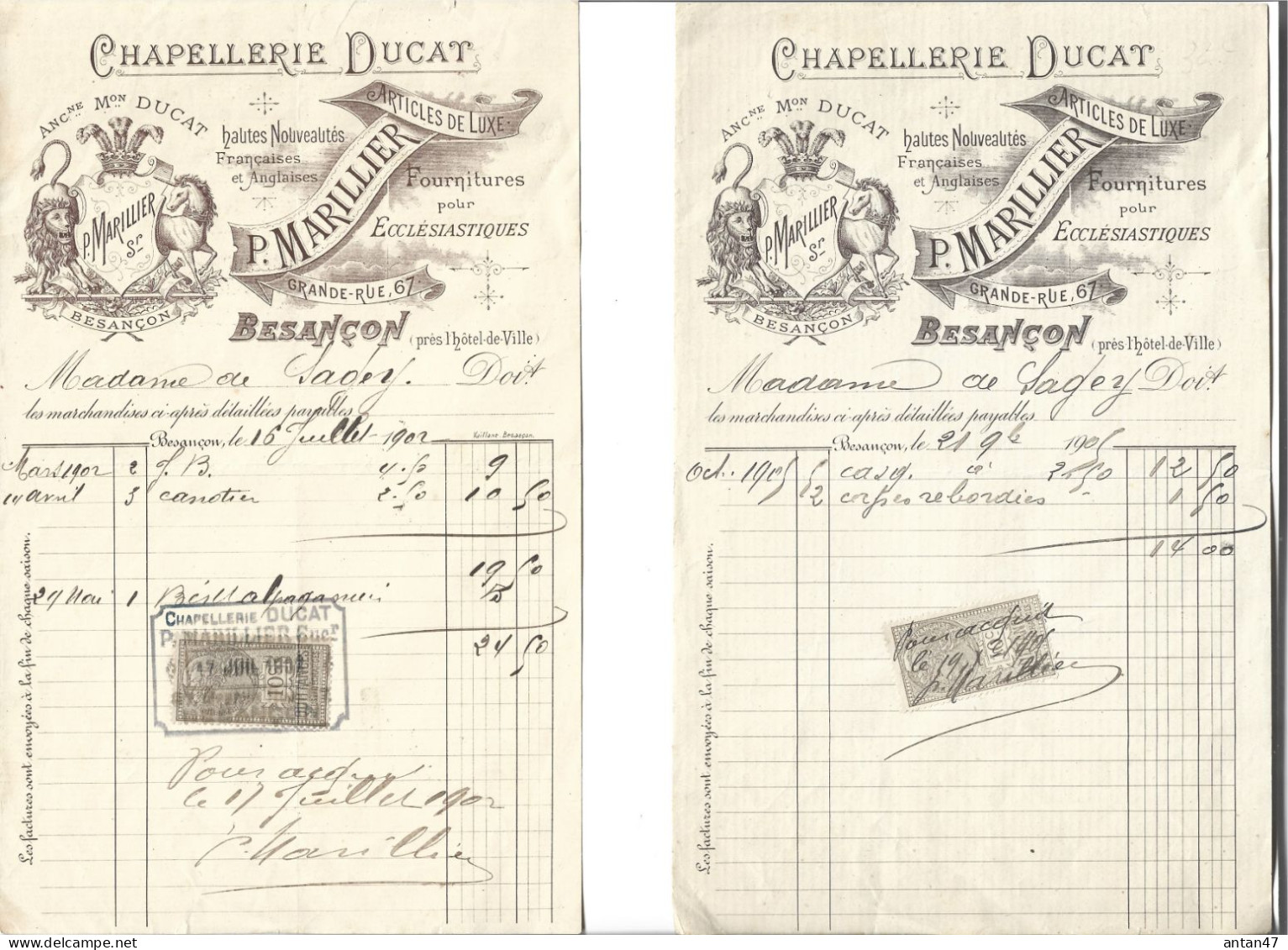 2 Factures ½ Format Illustrées 1902-05 / 25 BESANCON / Chapellerie DUCAT MARILLIER - 1900 – 1949