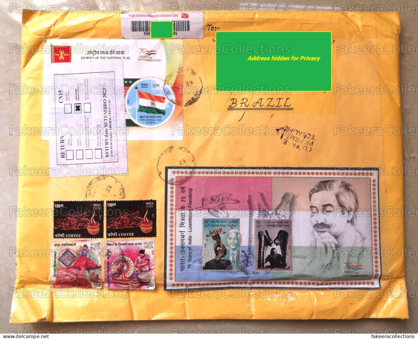 INDIA 2023 Inde Indien - Registered Letter / Cover To BRAZIL Returned To Sender CN15 Label - Flag, Coffee, Joint Issue . - Lettres & Documents