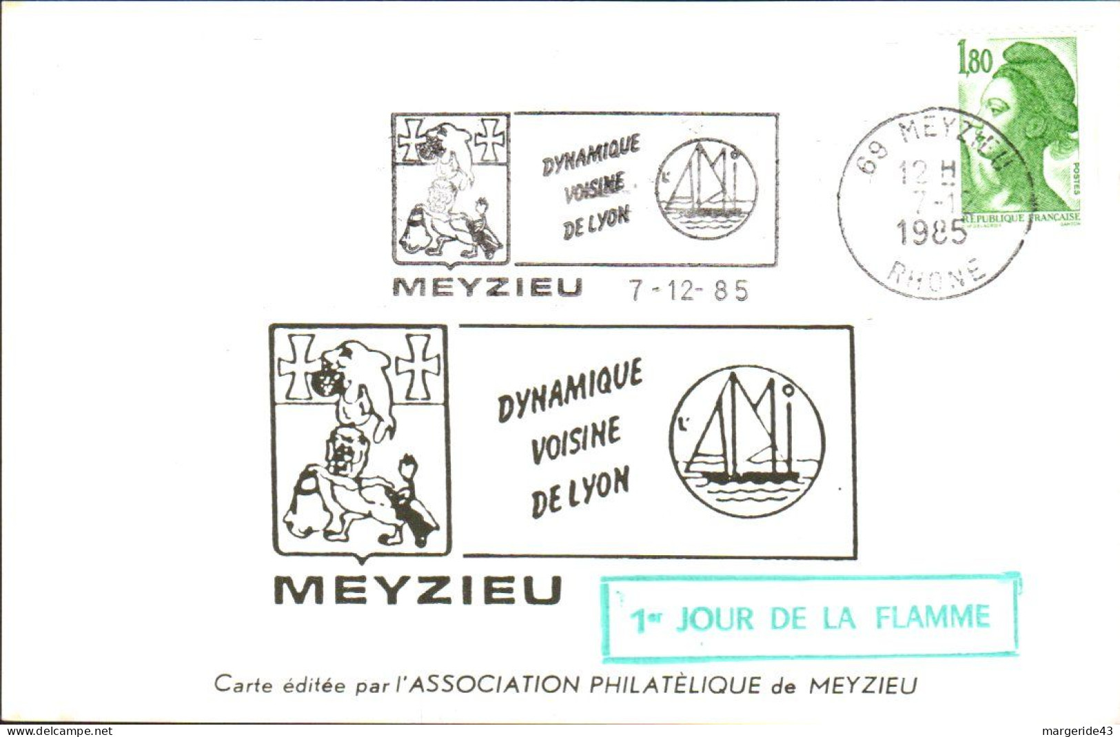 1 ER JOUR FLAMME MEYZIEU DYNAMIQUE VOISINE DE LYON 1985 - Mechanical Postmarks (Advertisement)