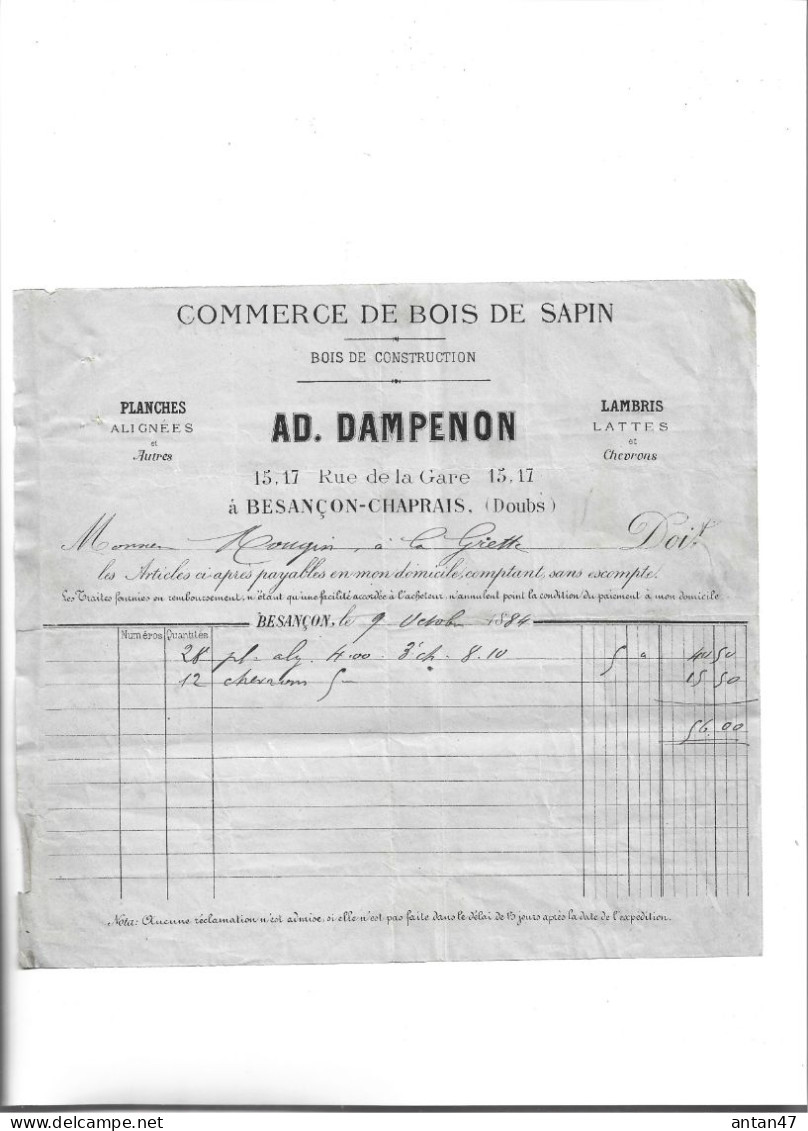 Facture ½ Format 1884 / 25 BESANCON CHAPRAIS / Commerce De Bois De Sapin DAMPENON / Planches Lambris Lattes - 1800 – 1899