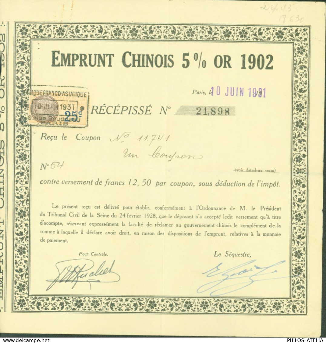 Obligation Emprunt Chinois 5% Or 1902 Paris 10 JUIN 1931 Timbre Fiscal 25ct Daucy Reçu Coupon Contre Versement - Lettres & Documents