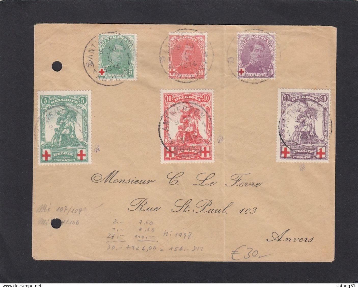 LETTRE D'ANVERS AVEC COB NOS 126/128 ET 129/131. - 1914-1915 Rode Kruis