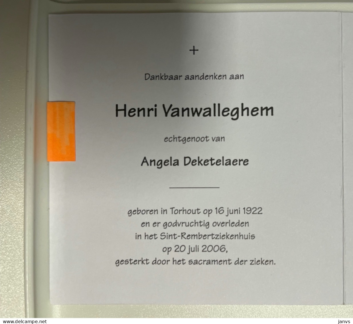 Devotie DP - Overlijden Henri Vanwalleghem Echtg Deketelaere - Torhout 1922 - 2006 - Décès